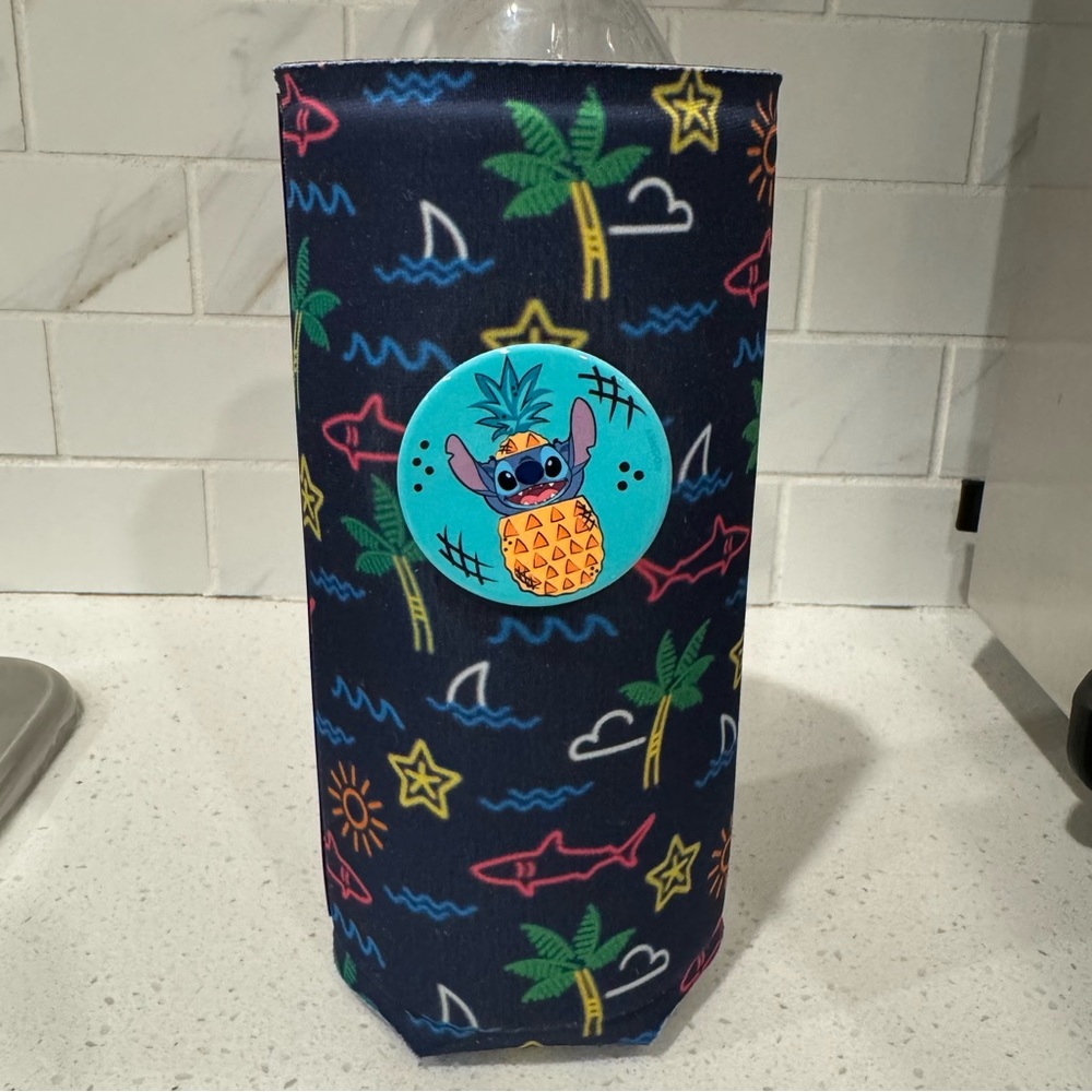 PopThirst Slim Can Koozie Tropical Island Neon & Navy Blue Pineapple Stitch Pop
